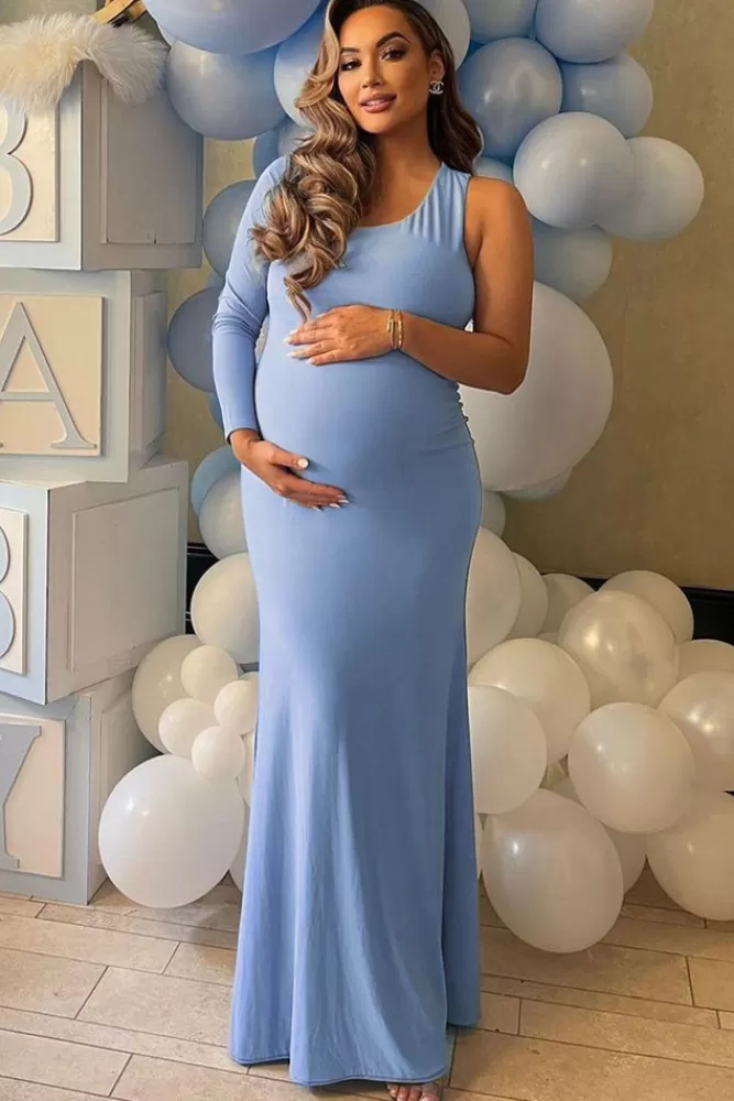 Club L London Oh Baby | Powder Blue Maternity One Shoulder Bodycon Maxi Dress POWDERBLUE Best Sale