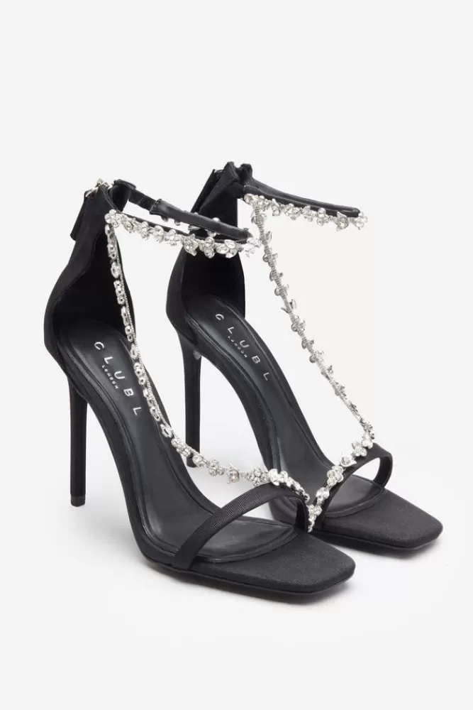 Club L London Oh Please | Strappy Heeled Sandals With Diamante Chains BLACK Clearance