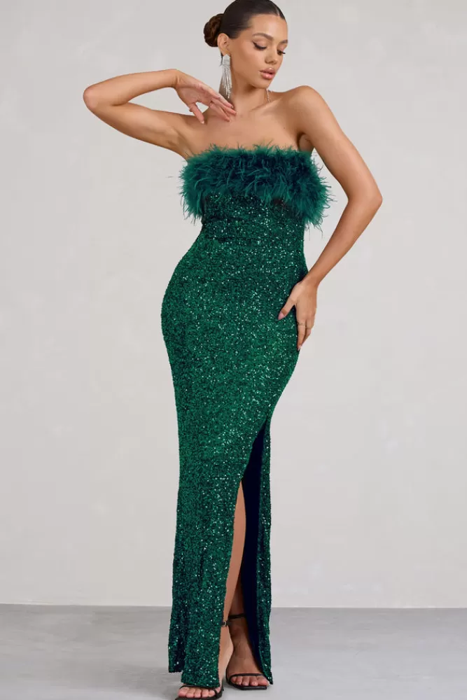 Club L London Old Money | Bottle Green Bodycon Sequin Maxi Dress With Feather Trim BOTTLEGREEN Cheap