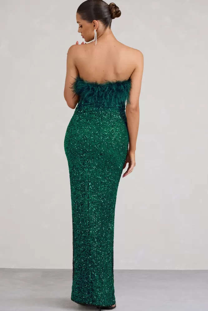 Club L London Old Money | Bottle Green Bodycon Sequin Maxi Dress With Feather Trim BOTTLEGREEN Cheap