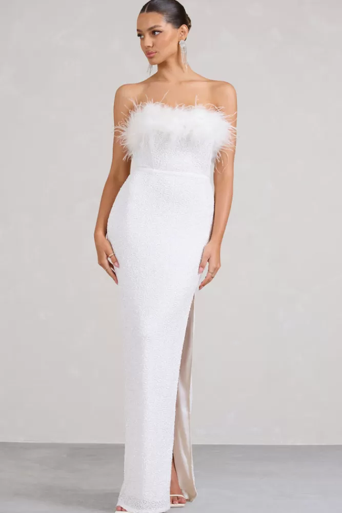 Club L London Old Money | Bodycon Sequin Maxi Dress With Feather Trim WHITE New