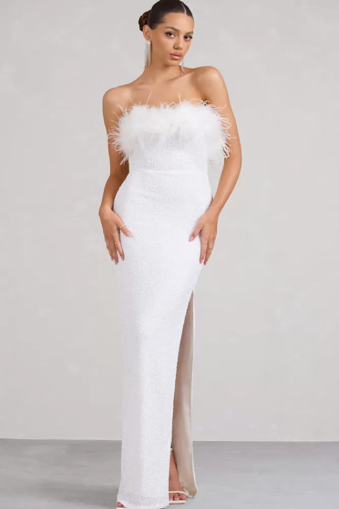 Club L London Old Money | Bodycon Sequin Maxi Dress With Feather Trim WHITE New