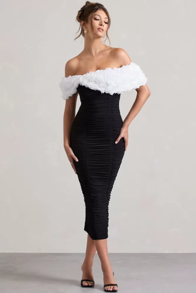 Club L London Olea | Black u0026 White Ruched Bardot Midi Dress With Flowers BLACKANDWHITE Fashion