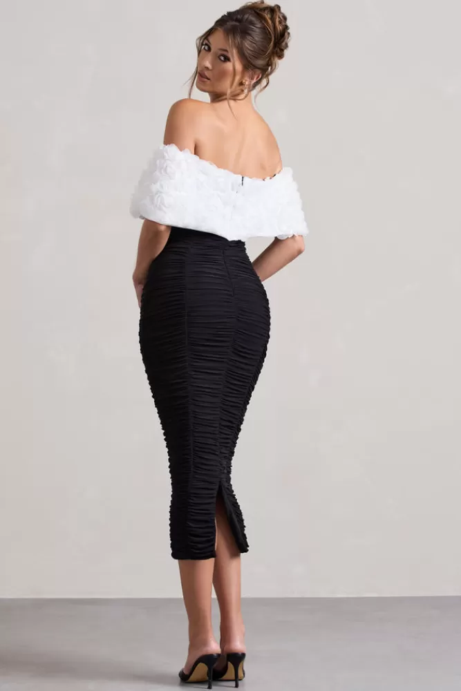Club L London Olea | Black u0026 White Ruched Bardot Midi Dress With Flowers BLACKANDWHITE Fashion