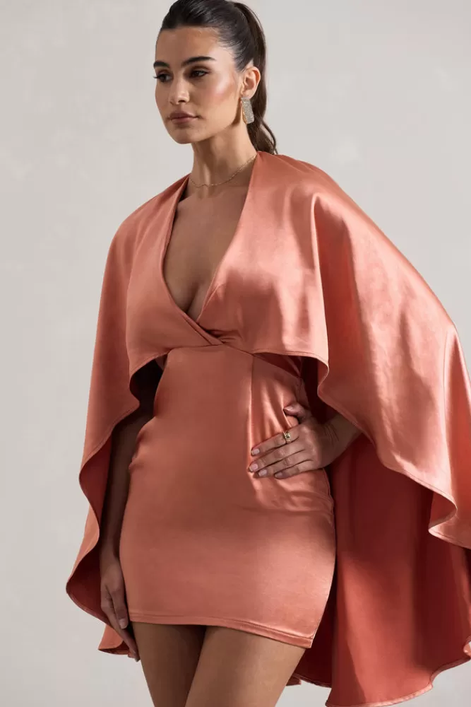 Club L London Olsen | Satin Plunge-Neck Cape Mini Dress CORAL Store