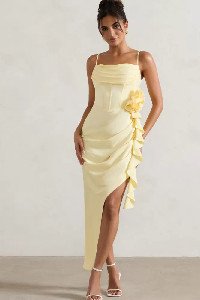 Club L London On The List | Asymmetric Corset Maxi Dress With Floral Drape LEMON Outlet