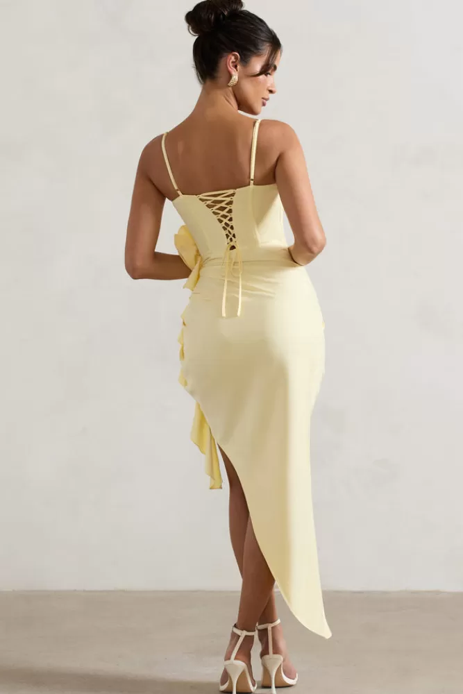 Club L London On The List | Asymmetric Corset Maxi Dress With Floral Drape LEMON Outlet