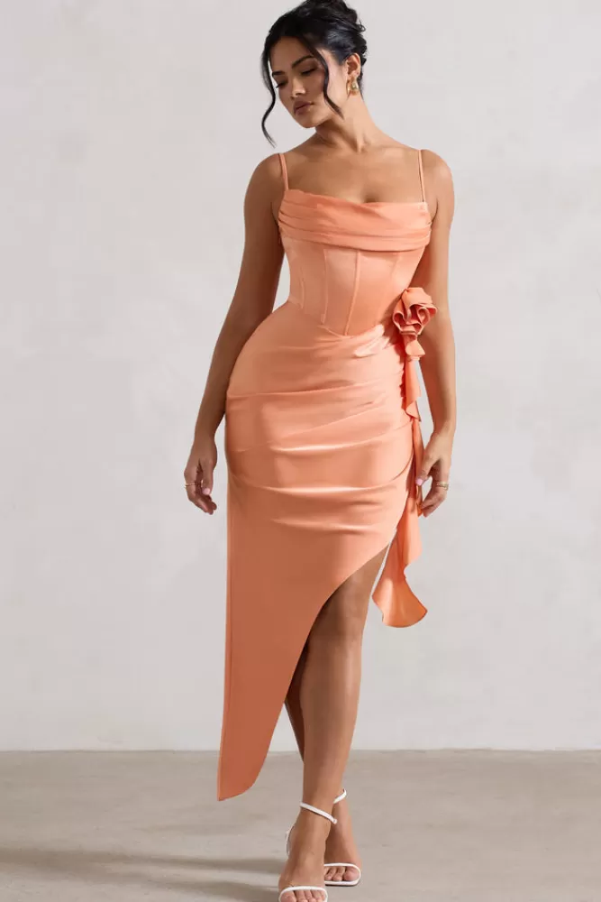 Club L London On The List | Asymmetric Corset Maxi Dress With Floral Drape PEACH Best