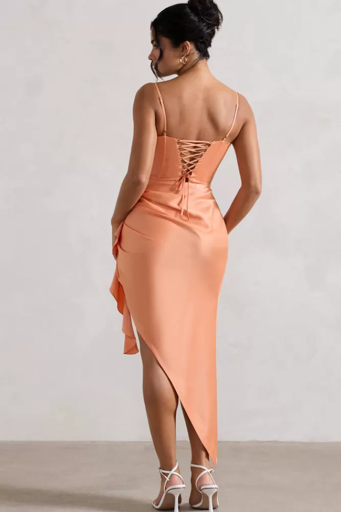 Club L London On The List | Asymmetric Corset Maxi Dress With Floral Drape PEACH Best