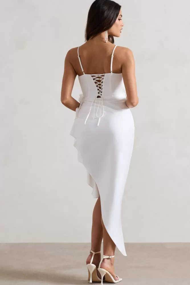 Club L London On The List | Asymmetric Corset Maxi Dress With Floral Drape WHITE Cheap