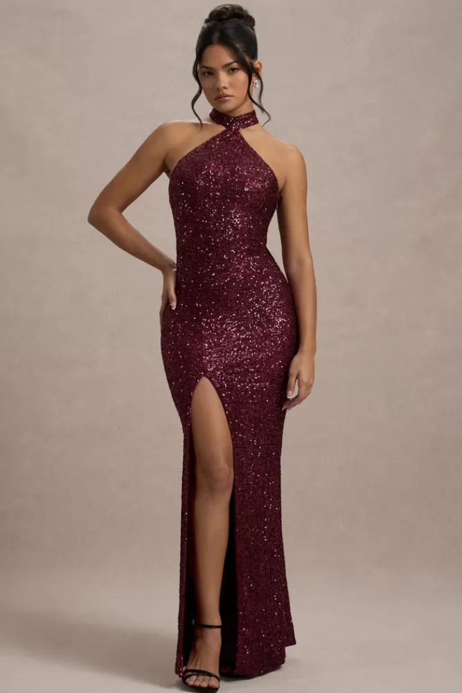 Club L London On The Rise | Sequin High-Neck Strappy-Back Split Maxi Dress BERRY Clearance