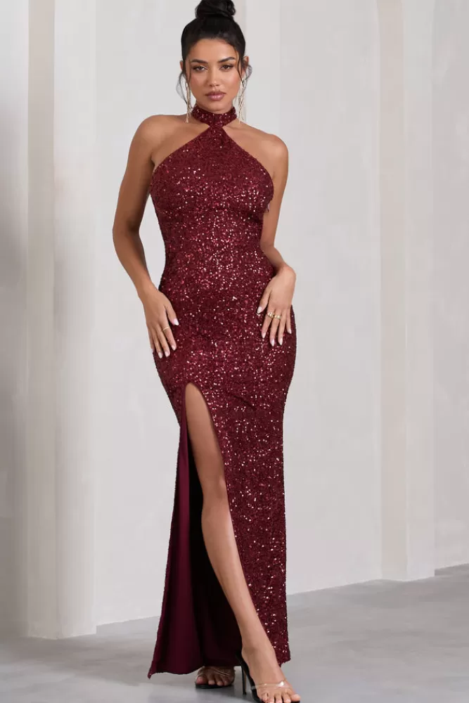 Club L London On The Rise | Sequin High-Neck Strappy-Back Split Maxi Dress BERRY Clearance