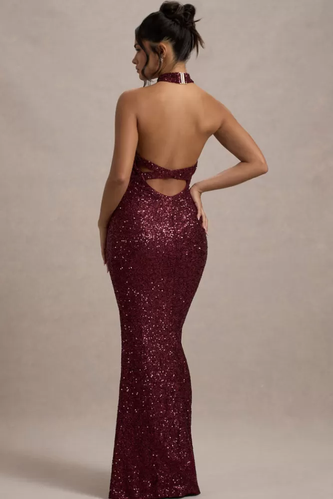 Club L London On The Rise | Sequin High-Neck Strappy-Back Split Maxi Dress BERRY Clearance