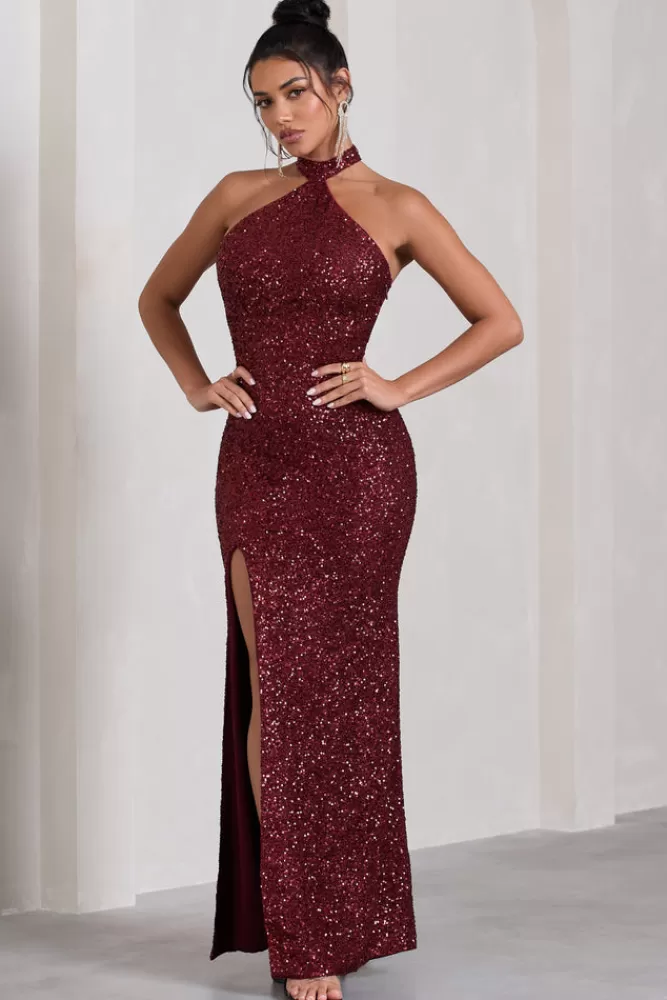 Club L London On The Rise | Sequin High-Neck Strappy-Back Split Maxi Dress BERRY Clearance