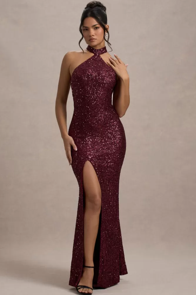 Club L London On The Rise | Sequin High-Neck Strappy-Back Split Maxi Dress BERRY Clearance