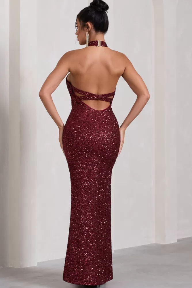 Club L London On The Rise | Sequin High-Neck Strappy-Back Split Maxi Dress BERRY Clearance