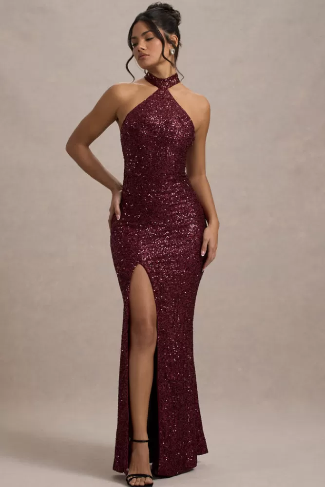 Club L London On The Rise | Sequin High-Neck Strappy-Back Split Maxi Dress BERRY Clearance