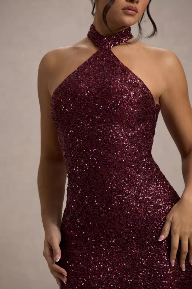 Club L London On The Rise | Sequin High-Neck Strappy-Back Split Maxi Dress BERRY Clearance
