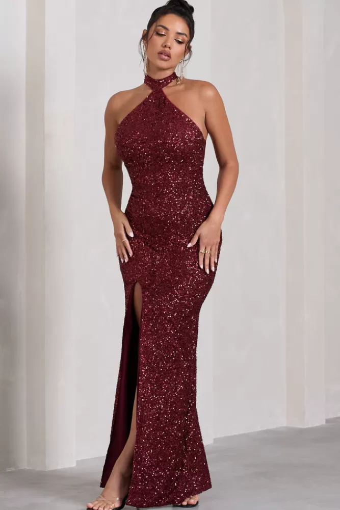 Club L London On The Rise | Sequin High-Neck Strappy-Back Split Maxi Dress BERRY Clearance