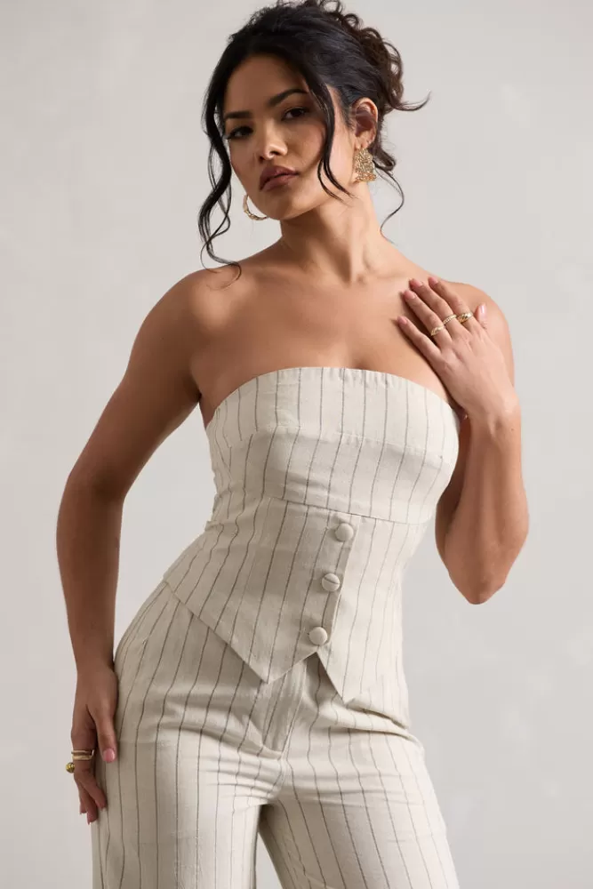 Club L London On Time | Pinstripe Tailored Bandeau Top BEIGE New