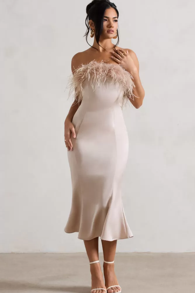 Club L London One And Only | Satin Feather Trim Midi Dress CHAMPAGNE Best