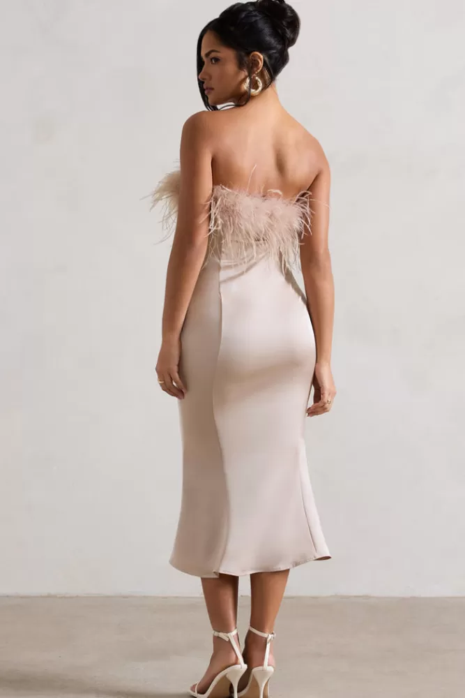 Club L London One And Only | Satin Feather Trim Midi Dress CHAMPAGNE Best