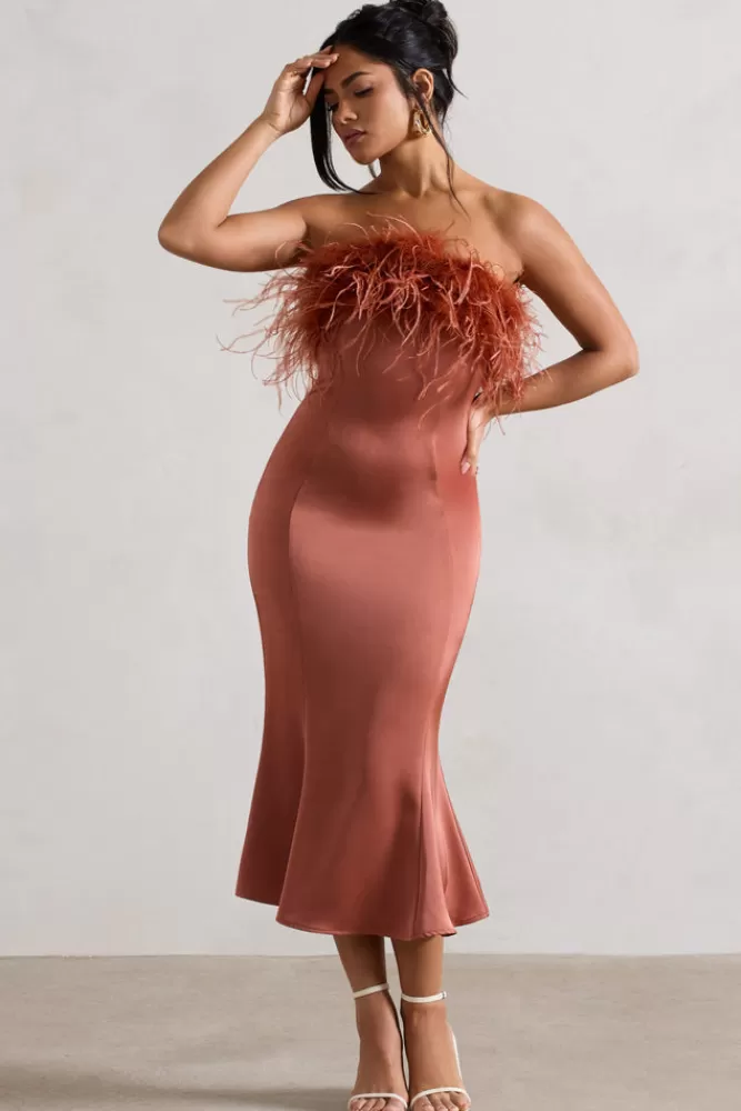 Club L London One And Only | Satin Feather Trim Midi Dress RUST Outlet