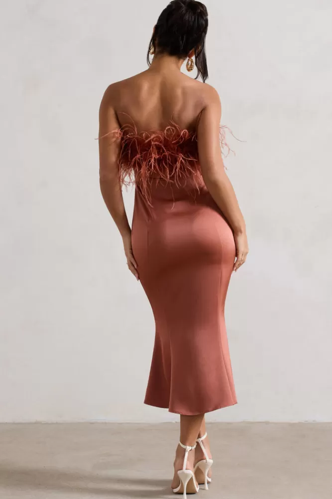 Club L London One And Only | Satin Feather Trim Midi Dress RUST Outlet