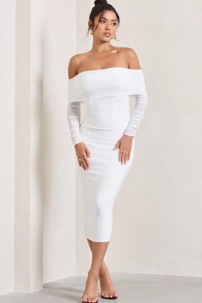 Club L London Only You | Ivory Ruched Mesh Bardot Midi Dress White Shop