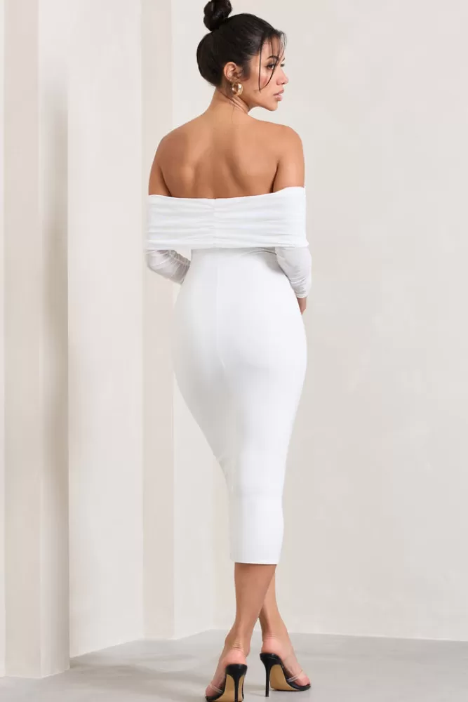 Club L London Only You | Ivory Ruched Mesh Bardot Midi Dress White Shop