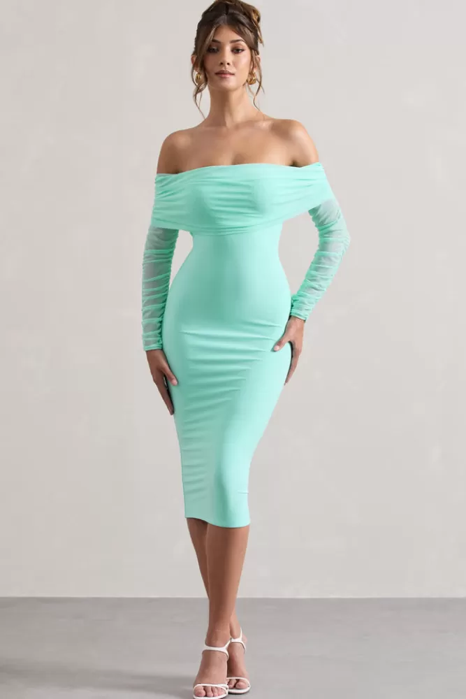 Club L London Only You | Ruched Mesh Bardot Midi Dress MINT Sale