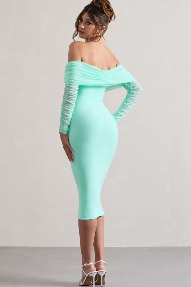 Club L London Only You | Ruched Mesh Bardot Midi Dress MINT Sale