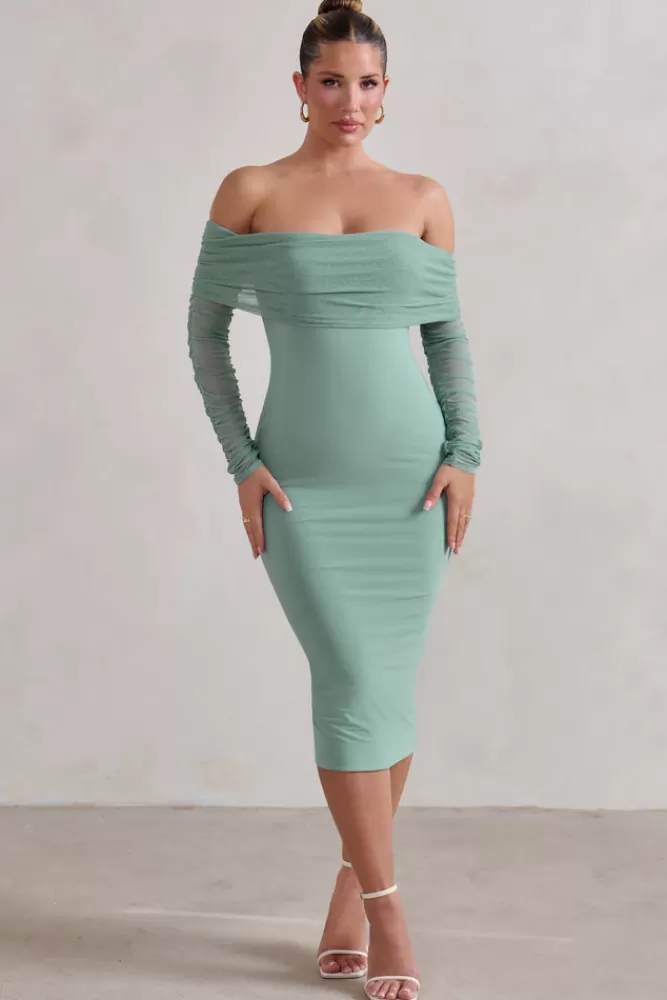 Club L London Only You | Ruched Mesh Bardot Midi Dress SAGE Clearance