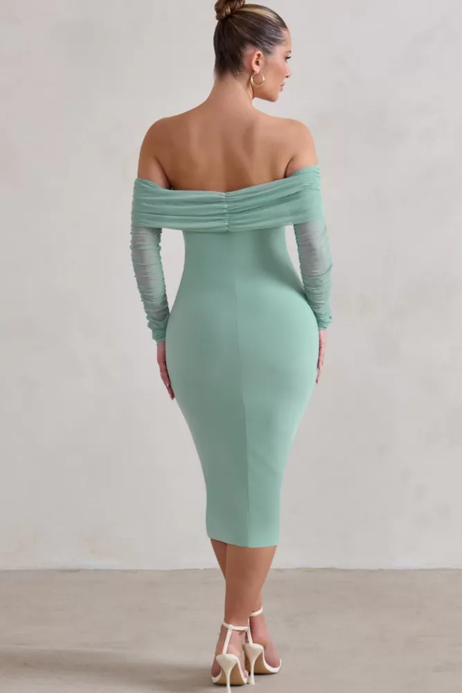 Club L London Only You | Ruched Mesh Bardot Midi Dress SAGE Clearance