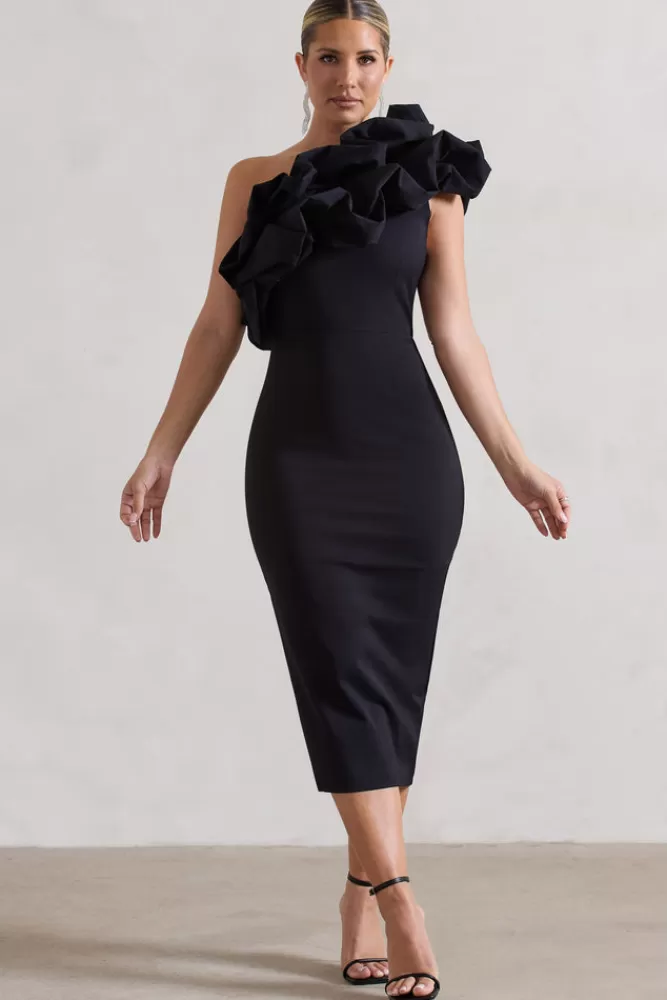 Club L London Orchestra | One Shoulder Ruffled Midi Dress BLACK Best