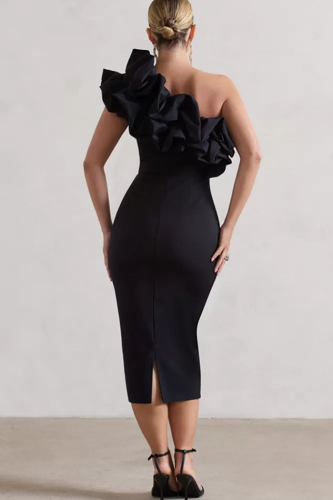 Club L London Orchestra | One Shoulder Ruffled Midi Dress BLACK Best