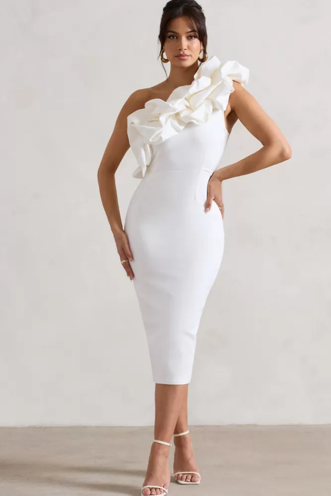 Club L London Orchestra | One Shoulder Ruffled Midi Dress WHITE New