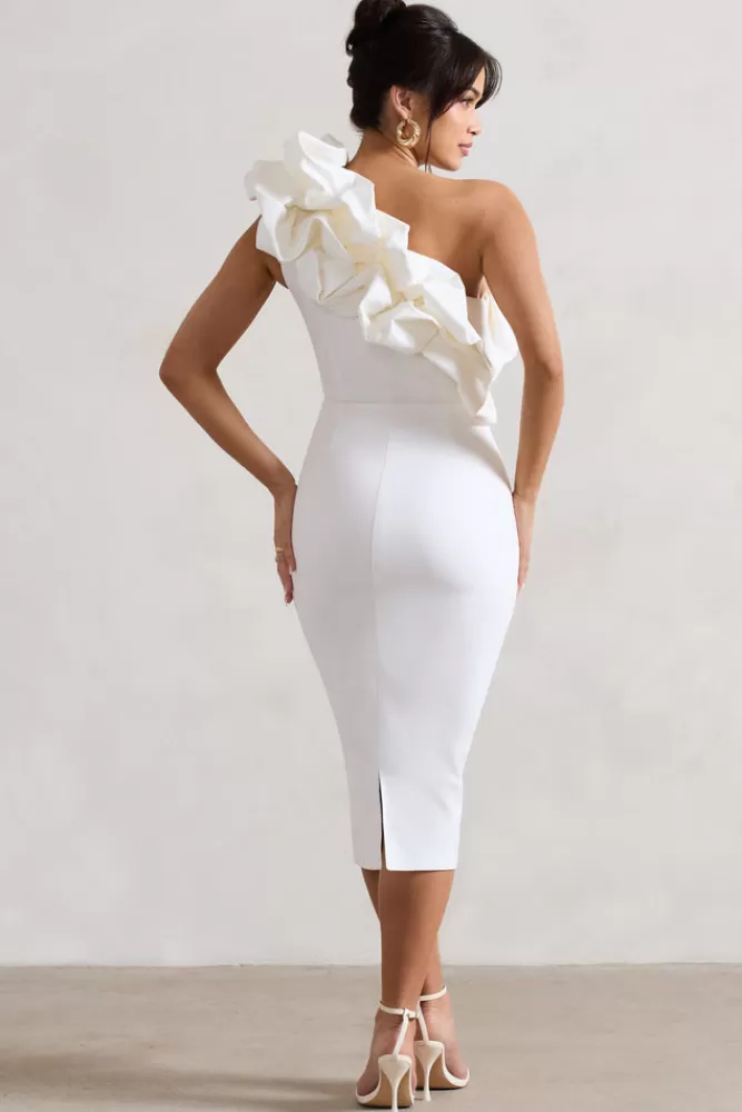 Club L London Orchestra | One Shoulder Ruffled Midi Dress WHITE New