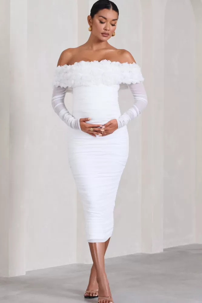Club L London Orchid | Ruched Mesh Floral Bardot Maternity Midi Dress WHITE Cheap