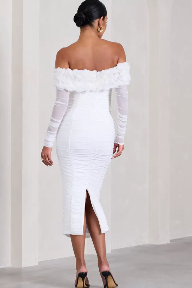 Club L London Orchid | Ruched Mesh Floral Bardot Maternity Midi Dress WHITE Cheap