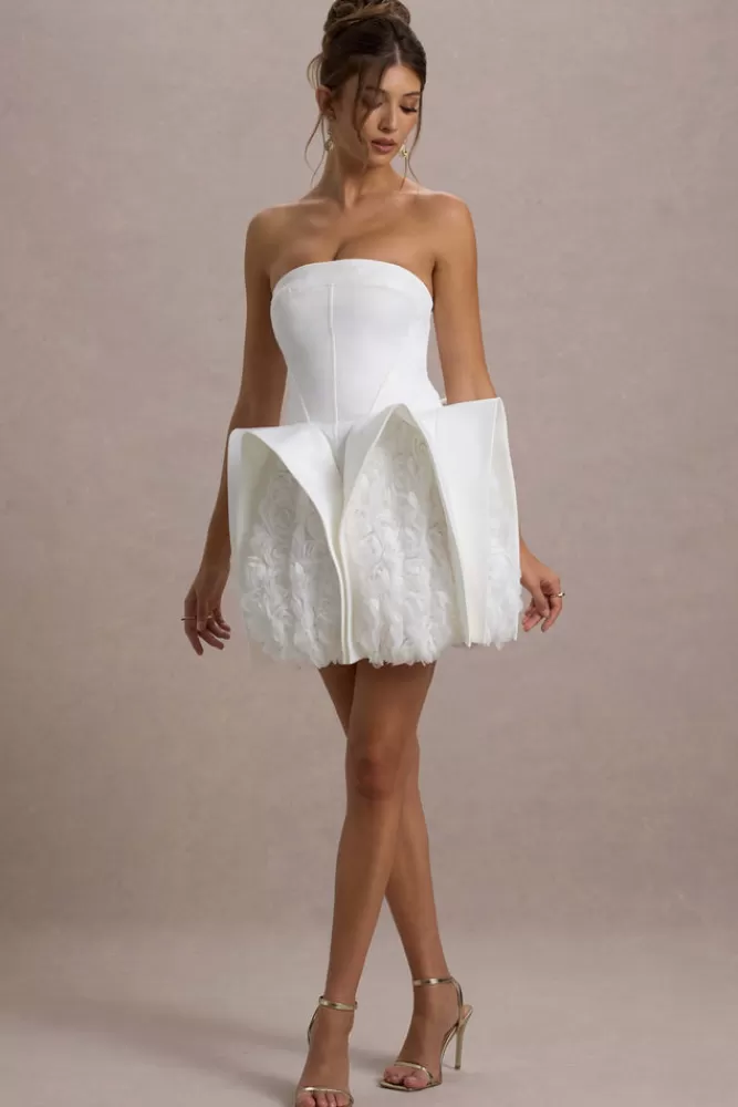 Club L London Orchid Oasis | Bandeau Mini Dress With Puff Floral Hem WHITE Outlet
