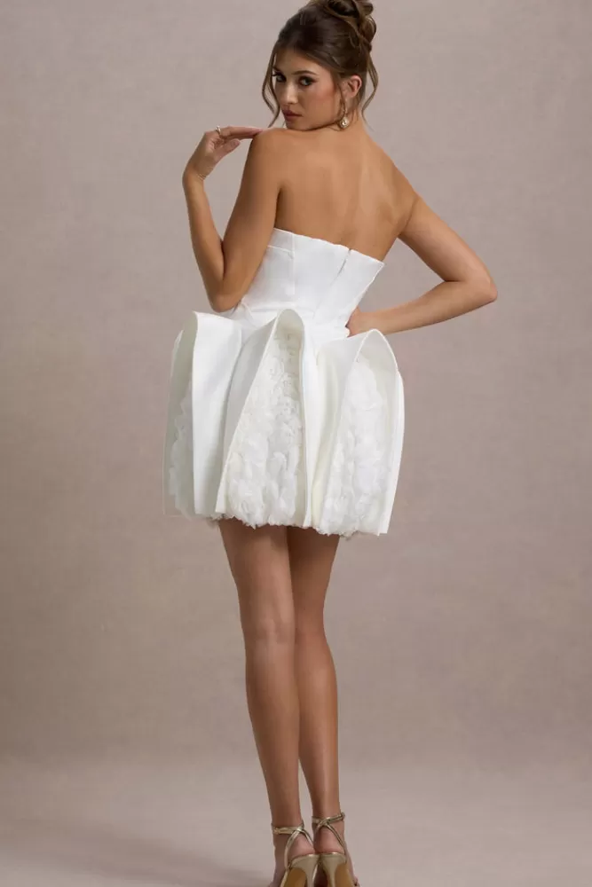 Club L London Orchid Oasis | Bandeau Mini Dress With Puff Floral Hem WHITE Outlet