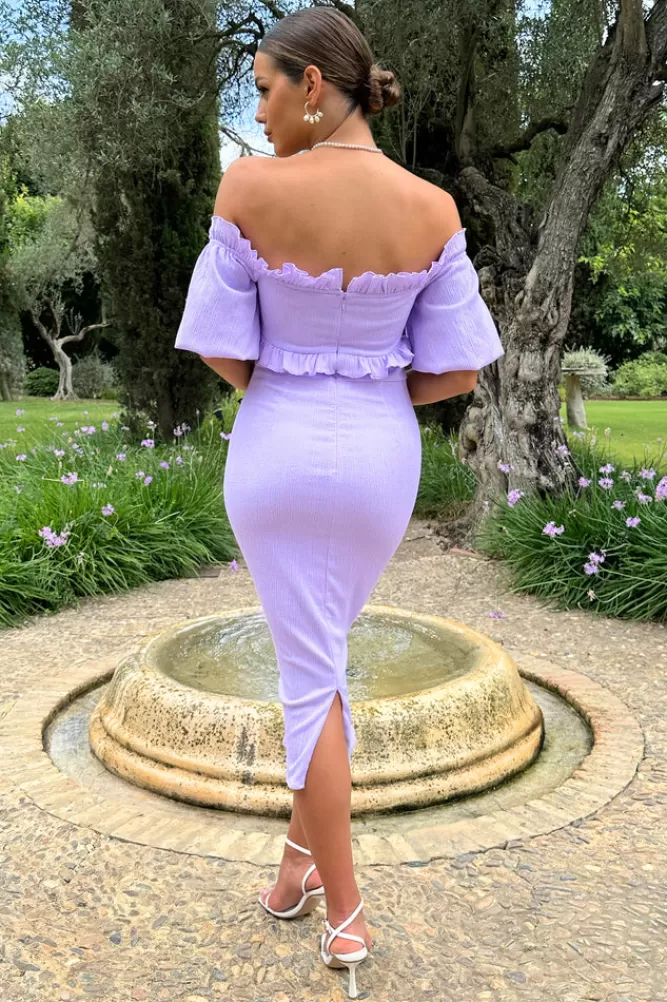 Club L London Orelia | Structured Ruffle Bardot Midi Dress LILAC Clearance