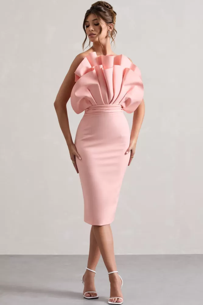 Club L London Oria | Pink Ruffled Strapless Midi Dress PINKTULLE Fashion