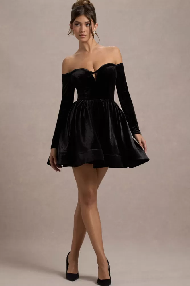 Club L London Ottie | Velvet Bardot Skater Mini Dress BLACK Best Sale