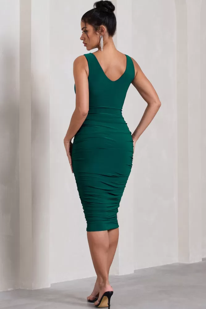 Club L London Out Of Love | Bottle Green Ruched Bodycon Plunge-Neck Midi Dress BOTTLEGREEN Flash Sale