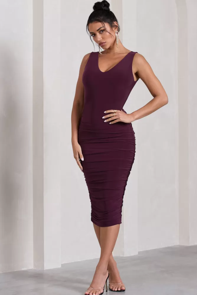 Club L London Out Of Love | Ruched Bodycon Plunge-Neck Midi Dress PLUM Store