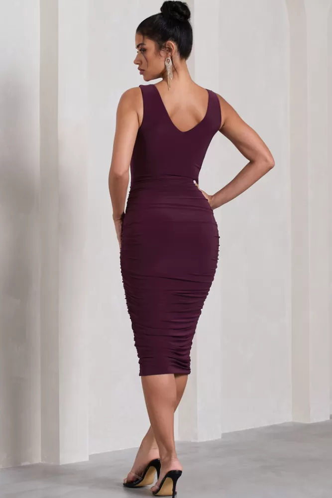 Club L London Out Of Love | Ruched Bodycon Plunge-Neck Midi Dress PLUM Store