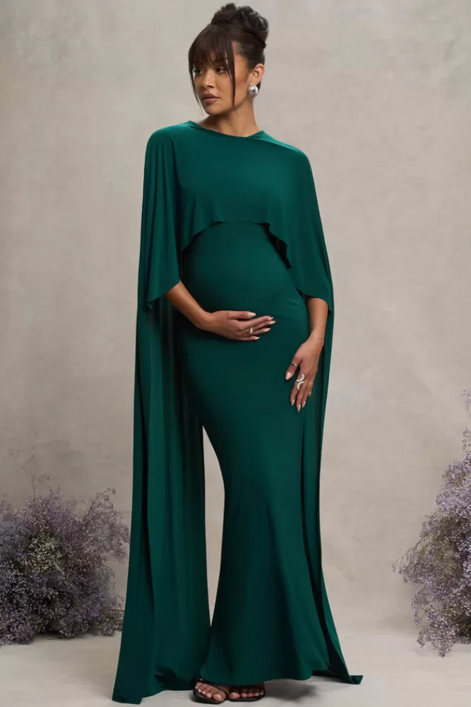 Club L London Padma | Bottle Green Draped Maternity Maxi Dress With Cape Sleeves bottlegreen Clearance