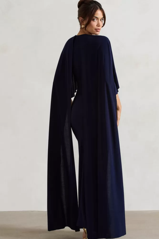 Club L London Padma | Draped Maxi Dress With Cape Sleeves NAVY Flash Sale